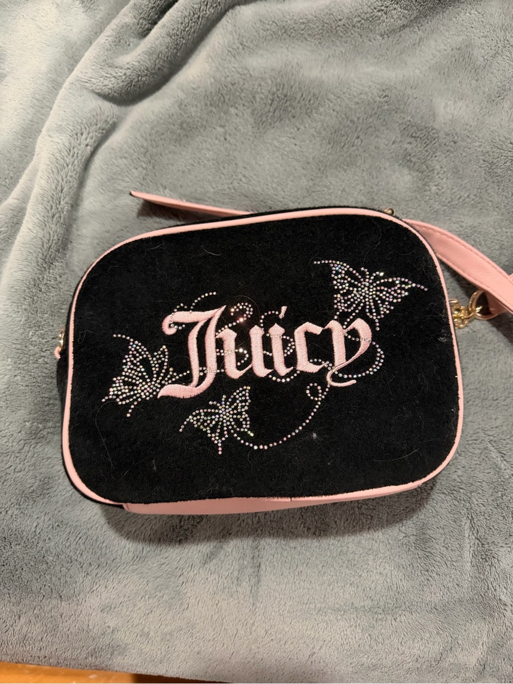 Juicy Couture Black & Light Pink Rhinestone Butterfly Crossbody
